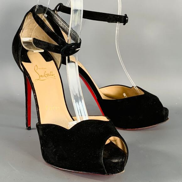 CHRISTIAN LOUBOUTIN Size 7.5 Aketata 120 Black Red Suede Ankle Strap Sandals - Picture 1 of 8